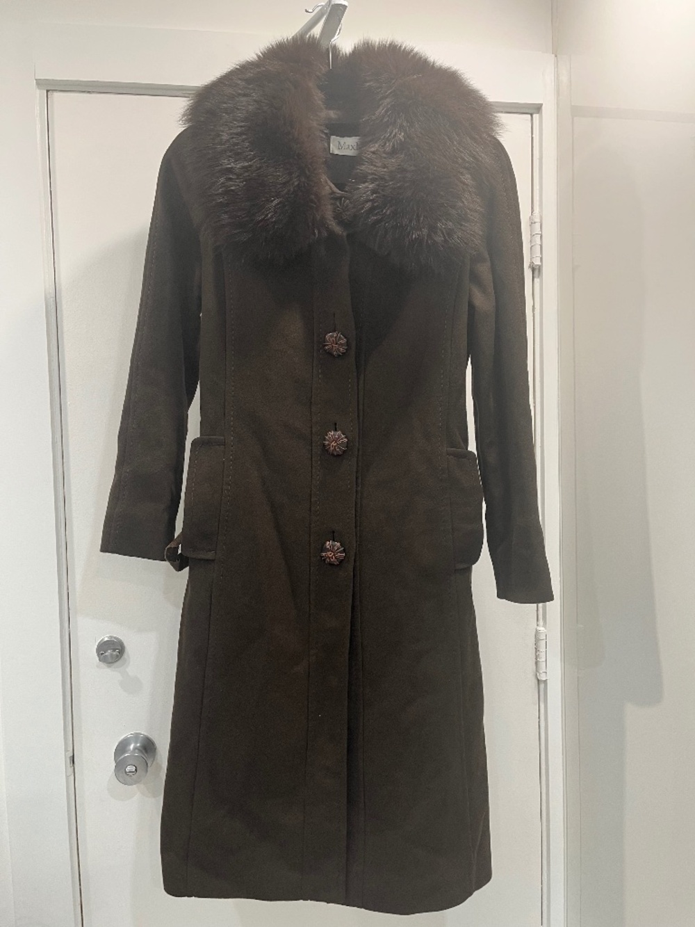 Max Mara Brown Wool Coat with Removable Fur Collar.  Size 10.